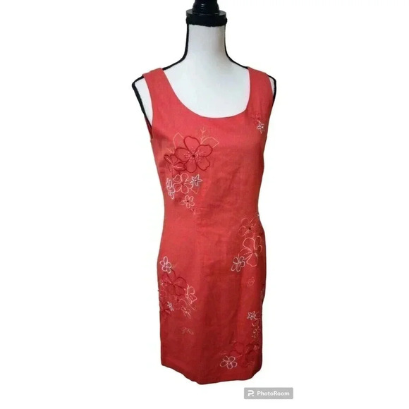 Dressbarn Linen Blend‎ Knee Length Sheath Embroidered Beaded Floral Dress Size 8 - Picture 1 of 5